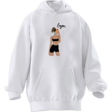 Nmg Tekstil Unisex Premium Pamuk Beyaz  Croplu Kız Gym Baskılı 3 Iplik Kapüşonlu Sweatshirt