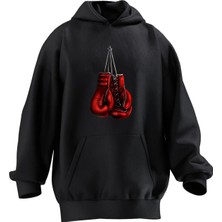 Nmg Tekstil Unisex Premium Pamuk Siyah  Boks Eldiveni Kırmızı Baskılı 3 Iplik Kapüşonlu Sweatshirt