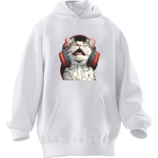 Nmg Tekstil Unisex Premium Pamuk Beyaz  Kulaklıklı Kedi Baskılı 3 Iplik Kapüşonlu Sweatshirt