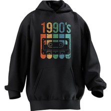 Nmg Tekstil Unisex Premium Pamuk Siyah  1990 Kaset Baskılı 3 Iplik Kapüşonlu Sweatshirt