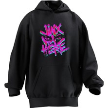 Nmg Tekstil Unisex Premium Pamuk Siyah  Jinx We Here Baskılı 3 Iplik Kapüşonlu Sweatshirt