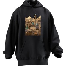 Nmg Tekstil Unisex Premium Pamuk Siyah Şehir Poster Suriye Baskılı 3 Iplik Kapüşonlu Sweatshirt