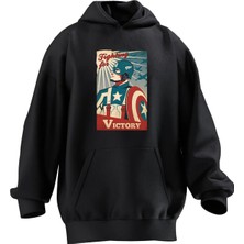 Nmg Tekstil Unisex Premium Pamuk Siyah Victory Captain Baskılı 3 Iplik Kapüşonlu Sweatshirt