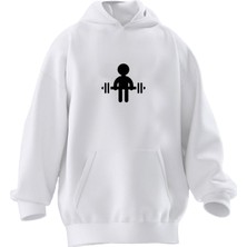 Nmg Tekstil Unisex Premium Pamuk Beyaz  Gym Art Küçük Baskılı 3 Iplik Kapüşonlu Sweatshirt