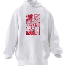 Nmg Tekstil Unisex Premium Pamuk Beyaz  Japon Sokak Görsel Baskılı 3 Iplik Kapüşonlu Sweatshirt