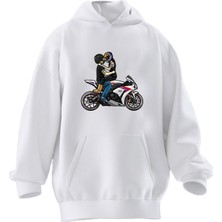 Nmg Tekstil Unisex Premium Pamuk Beyaz  Motorcu Çift Sarılan Baskılı 3 Iplik Kapüşonlu Sweatshirt