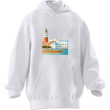 Nmg Tekstil Unisex Premium Pamuk Beyaz Şehir Venedik Baskılı 3 Iplik Kapüşonlu Sweatshirt