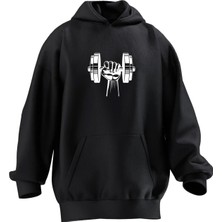 Nmg Tekstil Unisex Premium Pamuk Siyah  5lik Dumbell Baskılı 3 Iplik Kapüşonlu Sweatshirt