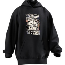 Nmg Tekstil Unisex Premium Pamuk Siyah  Anime Karakterler Gözleri Baskılı 3 Iplik Kapüşonlu Sweatshirt