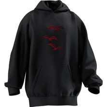 Nmg Tekstil Unisex Premium Pamuk Siyah Yarasalar Baskılı 3 Iplik Kapüşonlu Sweatshirt