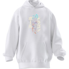 Nmg Tekstil Unisex Premium Pamuk Beyaz  Japonca Yazı Baskılı 3 Iplik Kapüşonlu Sweatshirt