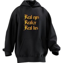 Nmg Tekstil Unisex Premium Pamuk Siyah  Real Eyes Baskılı 3 Iplik Kapüşonlu Sweatshirt