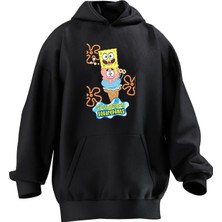 Nmg Tekstil Unisex Premium Pamuk Siyah Sünger Bob Square Baskılı 3 Iplik Kapüşonlu Sweatshirt