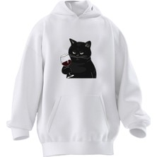 Nmg Tekstil Unisex Premium Pamuk Beyaz  Kara Kedi Şarap Baskılı 3 Iplik Kapüşonlu Sweatshirt