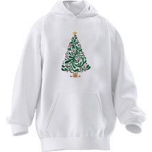 Nmg Tekstil Unisex Premium Pamuk Beyaz Yılbaşı Çam Baskılı 3 Iplik Kapüşonlu Sweatshirt