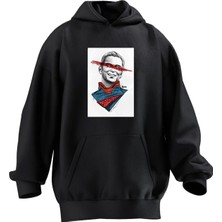 Nmg Tekstil Unisex Premium Pamuk Siyah  Gözü Çizgili Süperman Baskılı 3 Iplik Kapüşonlu Sweatshirt