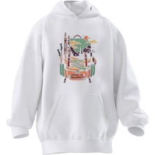 Nmg Tekstil Unisex Premium Pamuk Beyaz  Çanta Kamp Baskılı 3 Iplik Kapüşonlu Sweatshirt