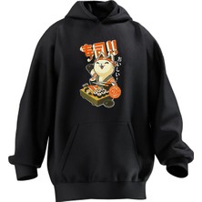 Nmg Tekstil Unisex Premium Pamuk Siyah Sushi Kedi Japon Baskılı 3 Iplik Kapüşonlu Sweatshirt