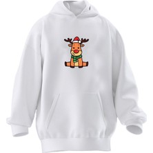 Nmg Tekstil Unisex Premium Pamuk Beyaz  Oyuncak Geyik Baskılı 3 Iplik Kapüşonlu Sweatshirt