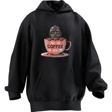 Nmg Tekstil Unisex Premium Pamuk Siyah  Coffee Starwars Baskılı 3 Iplik Kapüşonlu Sweatshirt