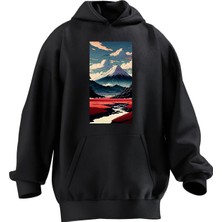 Nmg Tekstil Unisex Premium Pamuk Siyah  Everest Dağ Baskılı 3 Iplik Kapüşonlu Sweatshirt