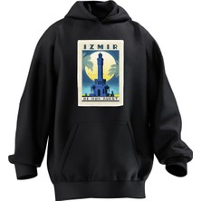 Nmg Tekstil Unisex Premium Pamuk Siyah  Izmir Saat Kulesi Baskılı 3 Iplik Kapüşonlu Sweatshirt