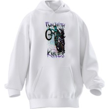 Nmg Tekstil Unisex Premium Pamuk Beyaz  Fun With Kurukafa Baskılı 3 Iplik Kapüşonlu Sweatshirt