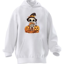 Nmg Tekstil Unisex Premium Pamuk Beyaz  Bal Kabağı Kurukafa Baskılı 3 Iplik Kapüşonlu Sweatshirt