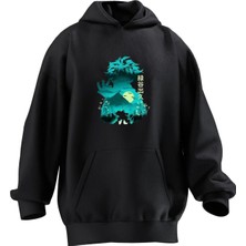 Nmg Tekstil Unisex Premium Pamuk Siyah  Mavi Anime Baskılı 3 Iplik Kapüşonlu Sweatshirt
