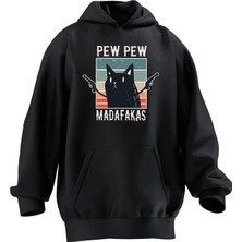 Nmg Tekstil Unisex Premium Pamuk Siyah  Pew Pew Kedi Baskılı 3 Iplik Kapüşonlu Sweatshirt