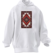 Nmg Tekstil Unisex Premium Pamuk Beyaz  Kırmızı Halı Desen Baskılı 3 Iplik Kapüşonlu Sweatshirt