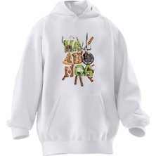 Nmg Tekstil Unisex Premium Pamuk Beyaz  Kaplumbağa Desen Baskılı 3 Iplik Kapüşonlu Sweatshirt