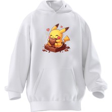 Nmg Tekstil Unisex Premium Pamuk Beyaz  Pikachu Çikolata Baskılı 3 Iplik Kapüşonlu Sweatshirt