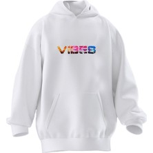 Nmg Tekstil Unisex Premium Pamuk Beyaz Vibes Baskılı 3 Iplik Kapüşonlu Sweatshirt