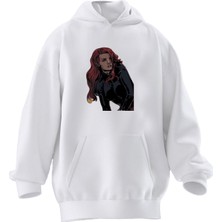 Nmg Tekstil Unisex Premium Pamuk Beyaz  Kadın Kahraman Baskılı 3 Iplik Kapüşonlu Sweatshirt