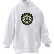 Nmg Tekstil Unisex Premium Pamuk Beyaz Yeşil Motif Baskılı 3 Iplik Kapüşonlu Sweatshirt