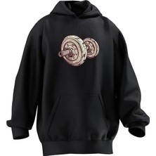 Nmg Tekstil Unisex Premium Pamuk Siyah  Beşlik Dumbell Baskılı 3 Iplik Kapüşonlu Sweatshirt