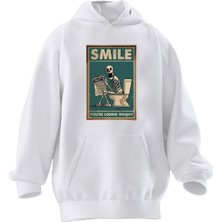 Nmg Tekstil Unisex Premium Pamuk Beyaz Smile Kurukafa Baskılı 3 Iplik Kapüşonlu Sweatshirt