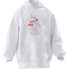 Nmg Tekstil Unisex Premium Pamuk Beyaz Starwars Robot Baskılı 3 Iplik Kapüşonlu Sweatshirt