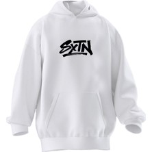 Nmg Tekstil Unisex Premium Pamuk Beyaz Sxtn Baskılı 3 Iplik Kapüşonlu Sweatshirt