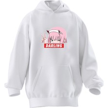 Nmg Tekstil Unisex Premium Pamuk Beyaz  Darling Pembe Baskılı 3 Iplik Kapüşonlu Sweatshirt