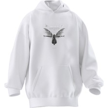Nmg Tekstil Unisex Premium Pamuk Beyaz  Kanatlı Melek Baskılı 3 Iplik Kapüşonlu Sweatshirt