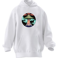 Nmg Tekstil Unisex Premium Pamuk Beyaz Ufo Aracı Düşen Adam Baskılı 3 Iplik Kapüşonlu Sweatshirt
