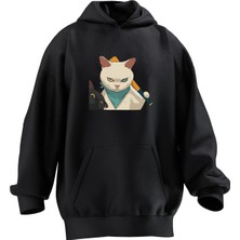 Nmg Tekstil Unisex Premium Pamuk Siyah  Beyzball Kedi Baskılı 3 Iplik Kapüşonlu Sweatshirt