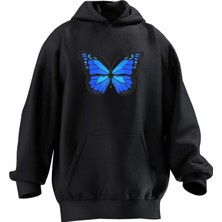 Nmg Tekstil Unisex Premium Pamuk Siyah  Blue Butterfly Baskılı 3 Iplik Kapüşonlu Sweatshirt