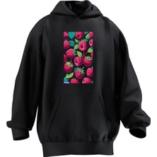 Nmg Tekstil Unisex Premium Pamuk Siyah  Böğürtlenler Baskılı 3 Iplik Kapüşonlu Sweatshirt