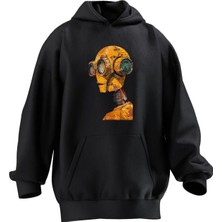 Nmg Tekstil Unisex Premium Pamuk Siyah Sarı Robot Baskılı 3 Iplik Kapüşonlu Sweatshirt