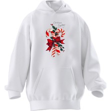Nmg Tekstil Unisex Premium Pamuk Beyaz  Cristimas Baston Baskılı 3 Iplik Kapüşonlu Sweatshirt