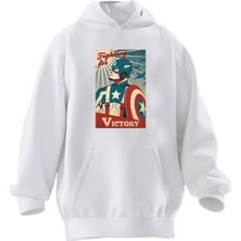 Nmg Tekstil Unisex Premium Pamuk Beyaz Victory Captain Baskılı 3 Iplik Kapüşonlu Sweatshirt