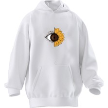 Nmg Tekstil Unisex Premium Pamuk Beyaz  Papatya Göz Baskılı 3 Iplik Kapüşonlu Sweatshirt